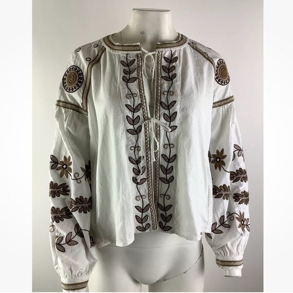 Anthropologie Tops - Anthropologie  RD & Koko Sz S Embroidered Peasant Top White Brown 100% Cotton